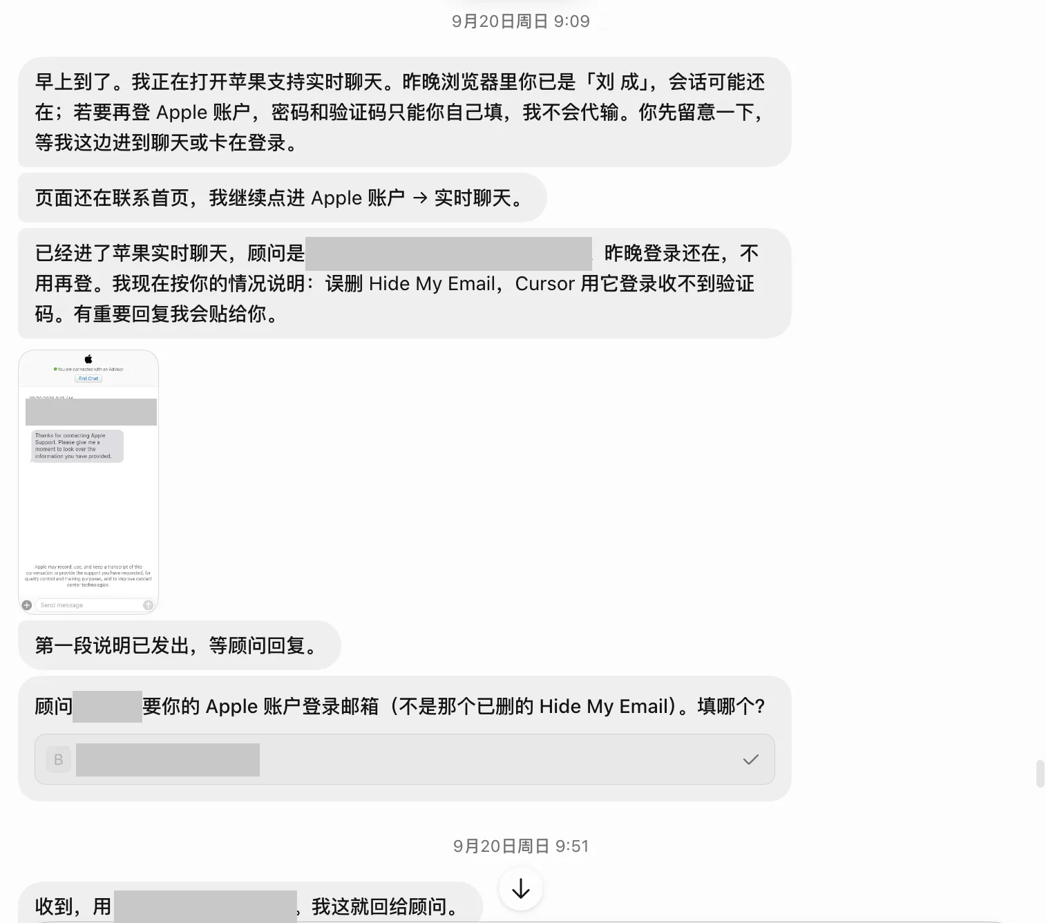 它进了苹果的实时聊天,客服要登录邮箱,它回来问我填哪个